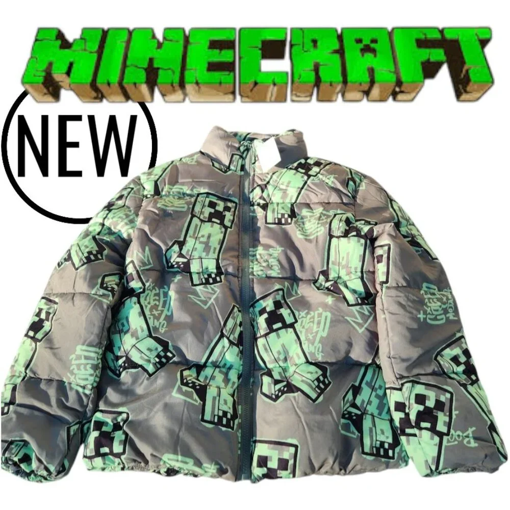 NEW Minecraft Boys Creeper Zip Puffer Jacket Lightweight Size 14 Zippered Size: