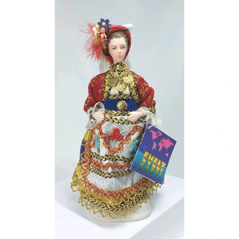 Evelt Greek Porcelain Doll Complete Traditional Outfit All Original Porcelain 7