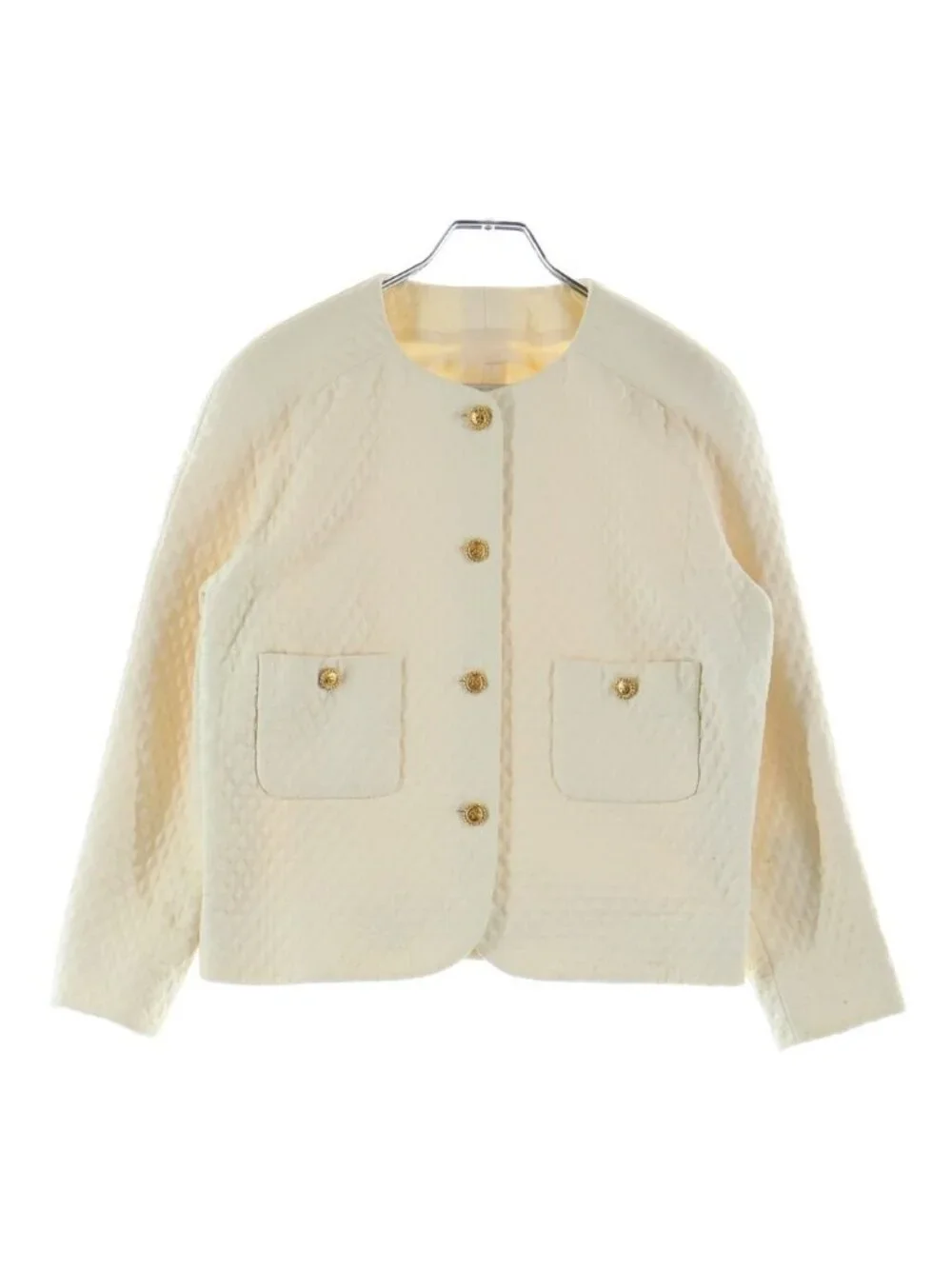 Chanel CC Logo Button Vintage Quilted Cotton Collarless Jacket Short 18 White
