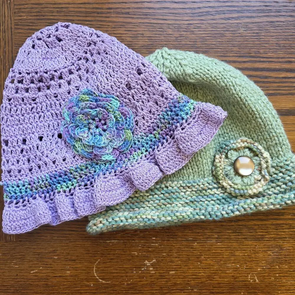 Y2K Bucket Hat Handmade Knit Floral 90s Crochet Purple Green Feminine‎ Statement