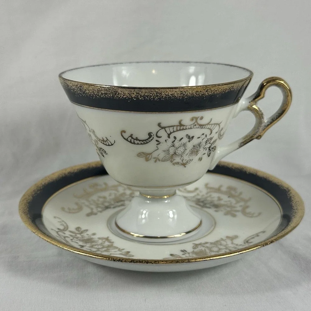 Vintage Black Footed Teacup Set‎ Wide Band Heavy Gilt Floral Swag Porcelain