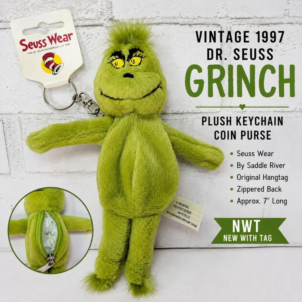 Vintage 1997 Dr Seuss Grinch Seuss Wear Plush Keychain Coin Purse Green 7