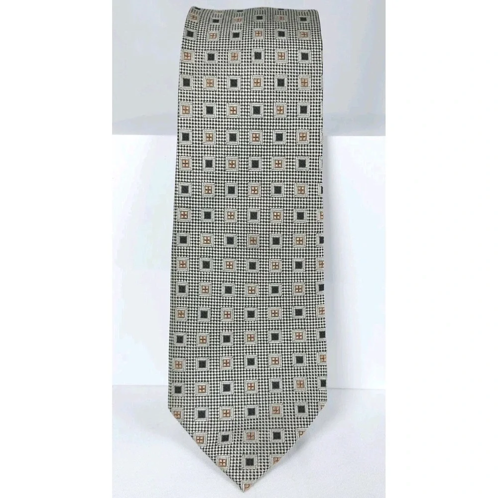 Peacock Men's Silk Tie Geometric Pattern Tan‎ Black Beige Handmade 3