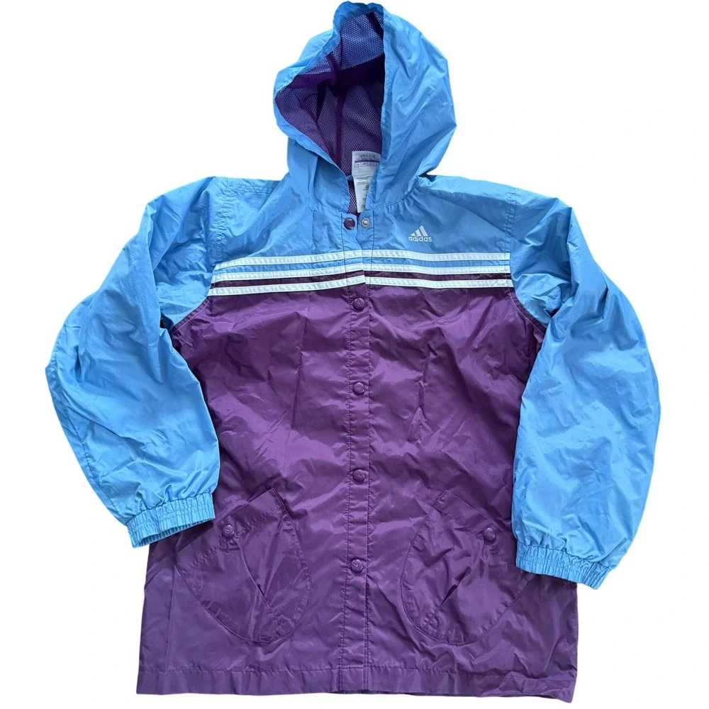 adidas‎ Vintage Y2K Windbreaker Girls L 14/16 Purple Blue 3-Stripe Colorblock