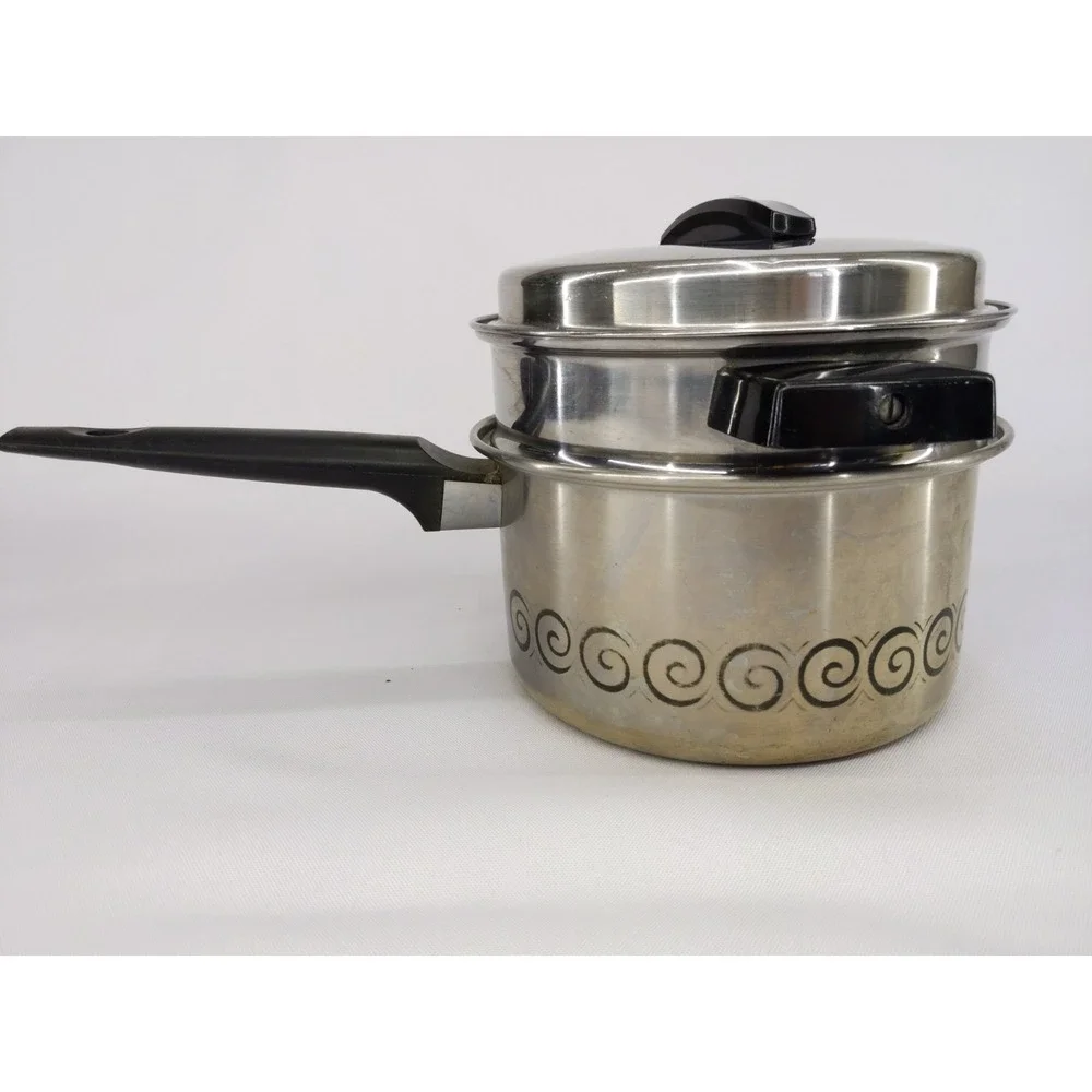 VTG Ecko Stainless Steel Double‎ Boiler w Lid Black Handles Swirl Design 2qt