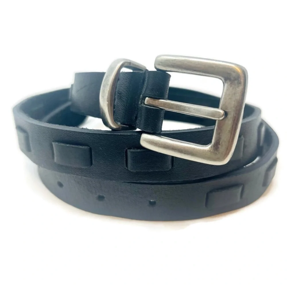 Leather Woven Geometric Contemporary Black‎ Belt w/ Silver Toned Buckle