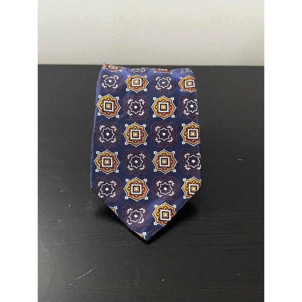 Canali Mens Navy Blue Gold‎ Silk Geometric Medallion Necktie Made in Italy