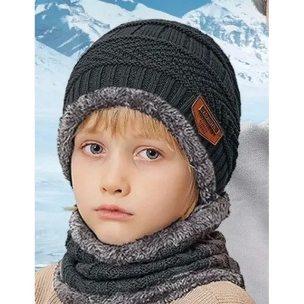 Unisex Childs Gray Neck Warmer + Beanie‎ Hat Cap Lined Knit Fleece Outdoor Ski