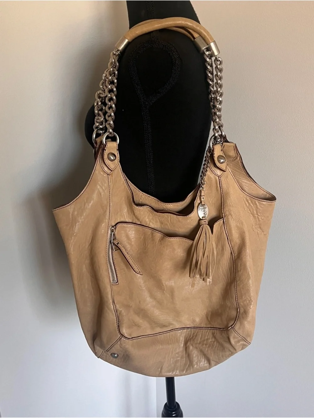Olivia Harris Tan Leather Hobo Shoulder Bag Chain Strap‎ Tassel Slouchy Y2K