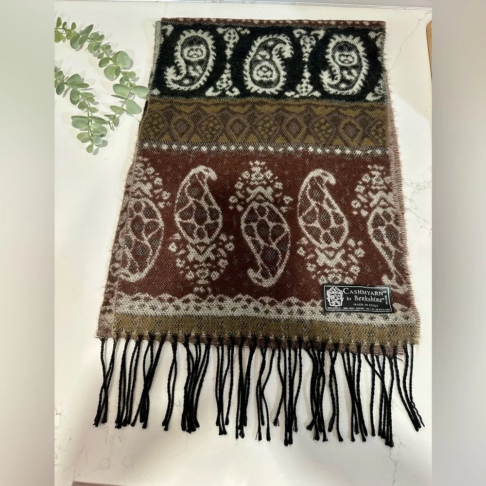 Italian Scarf Fringe Paisley Black Brown Tan Cashmyarn Berkshire Long 72