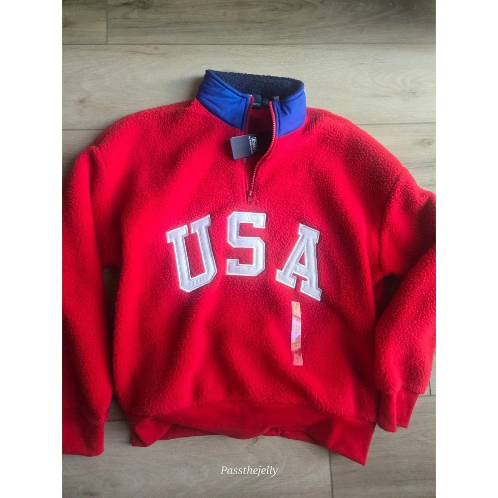 Polo Ralph‎ Lauren Mens USA Fleece Pullover Medium Red Sherpa 1/4 Zip Sweatshirt