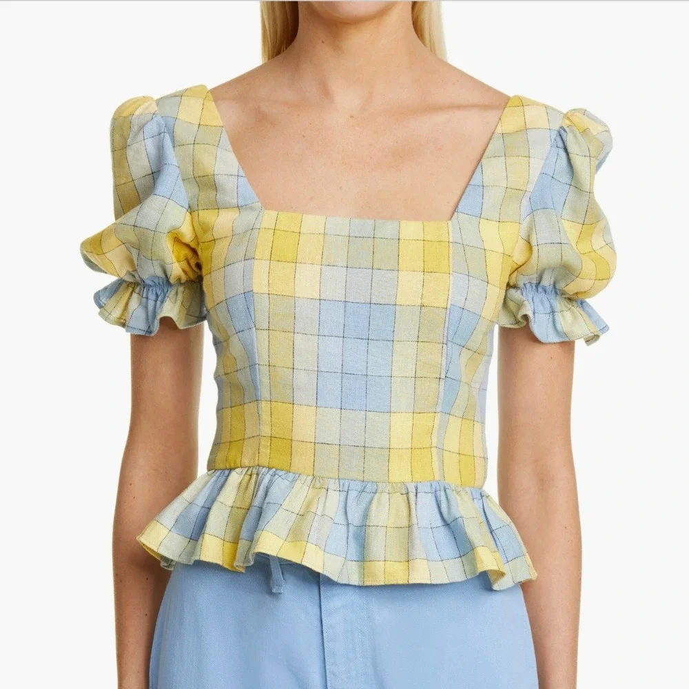 STAUD Dock Top in Coastal Blue Check Size 0 NWOT Plaid Peplum‎ Top Linen Blend