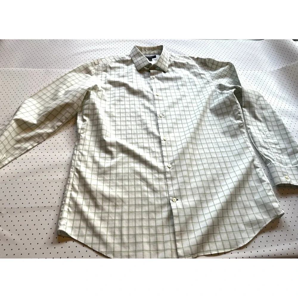 Non-Iron‎ Slim Fit Windowpane Dress Shirt Men XL White Green Office Formal