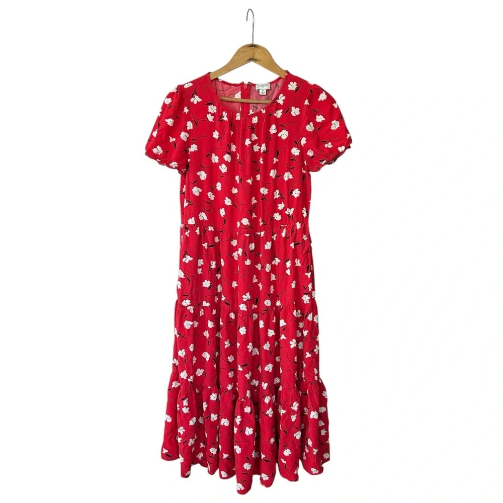 J. Crew | Womens Red/White Floral Tiered Short Puff Sleeve Crewneck Midi Dress S