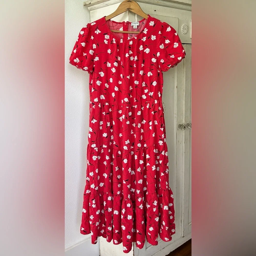 J. Crew | Womens Red/White Floral Tiered Short Puff Sleeve Crewneck Midi Dress S