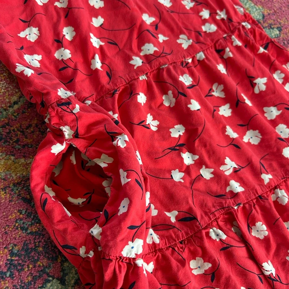J. Crew | Womens Red/White Floral Tiered Short Puff Sleeve Crewneck Midi Dress S