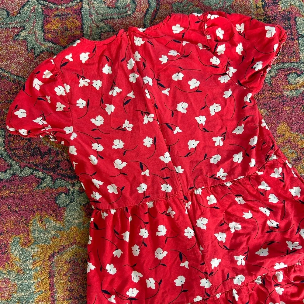 J. Crew | Womens Red/White Floral Tiered Short Puff Sleeve Crewneck Midi Dress S