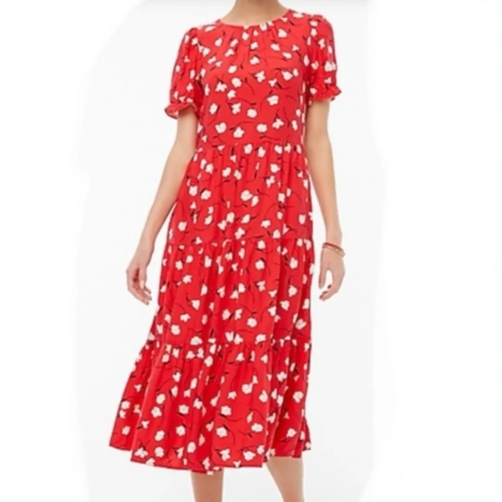 J. Crew | Womens Red/White Floral Tiered Short Puff Sleeve Crewneck Midi Dress S