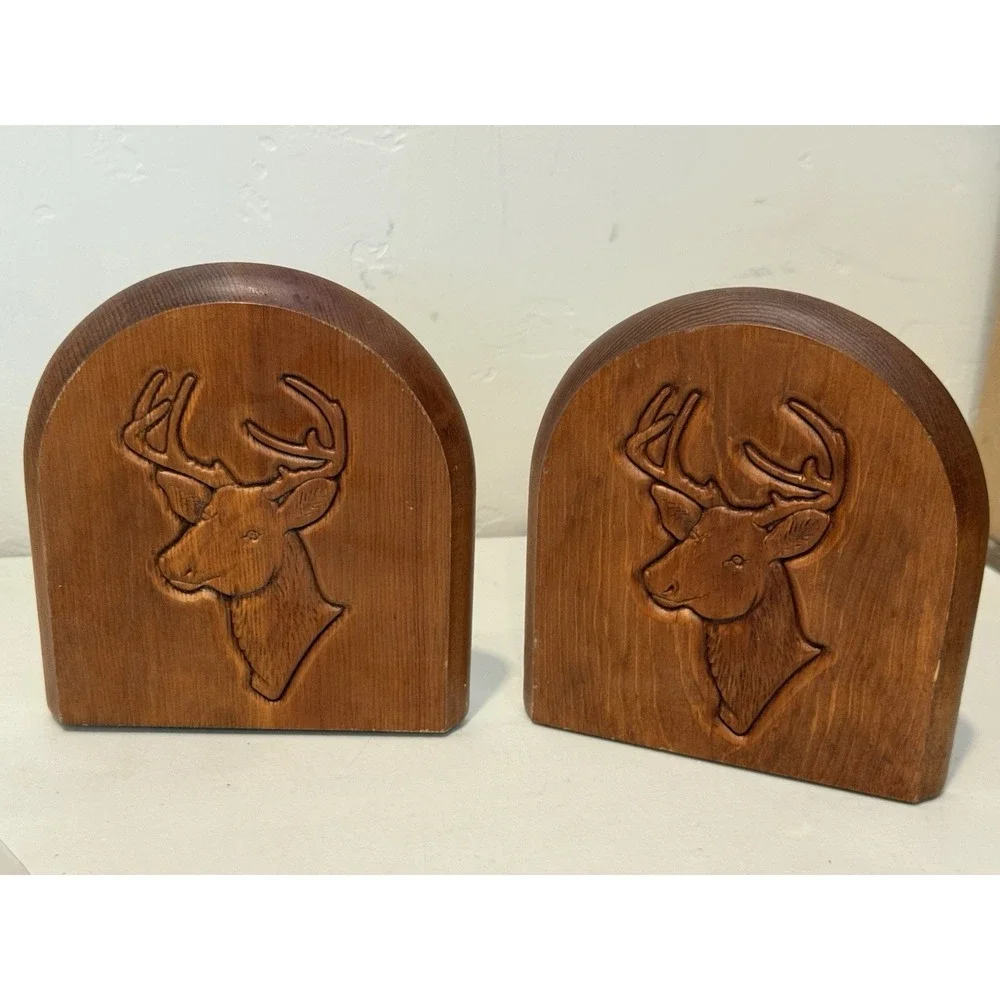 Vintage Pair of Bookends Engraved Wood Deer Stag Head Bookends‎ Rustic Decor