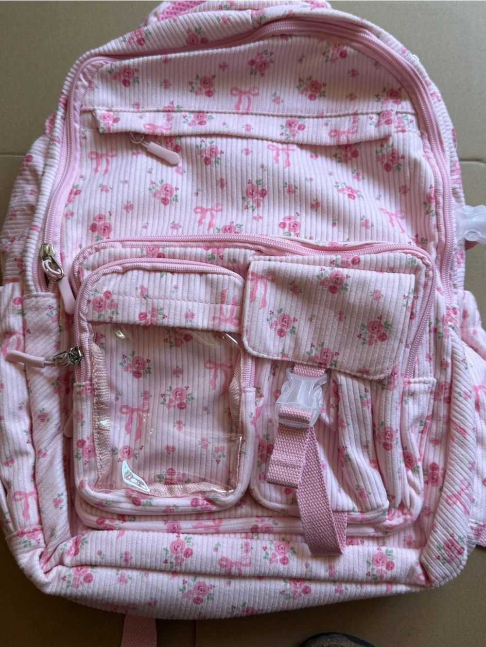 Pink Floral Women's Backpack - Charming Rose Print corduroy