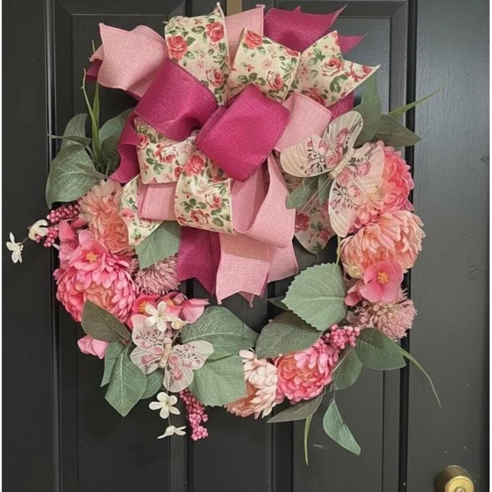 Butterfly Grapevine Wreath: Spring & Summer Pink Floral Door Decor