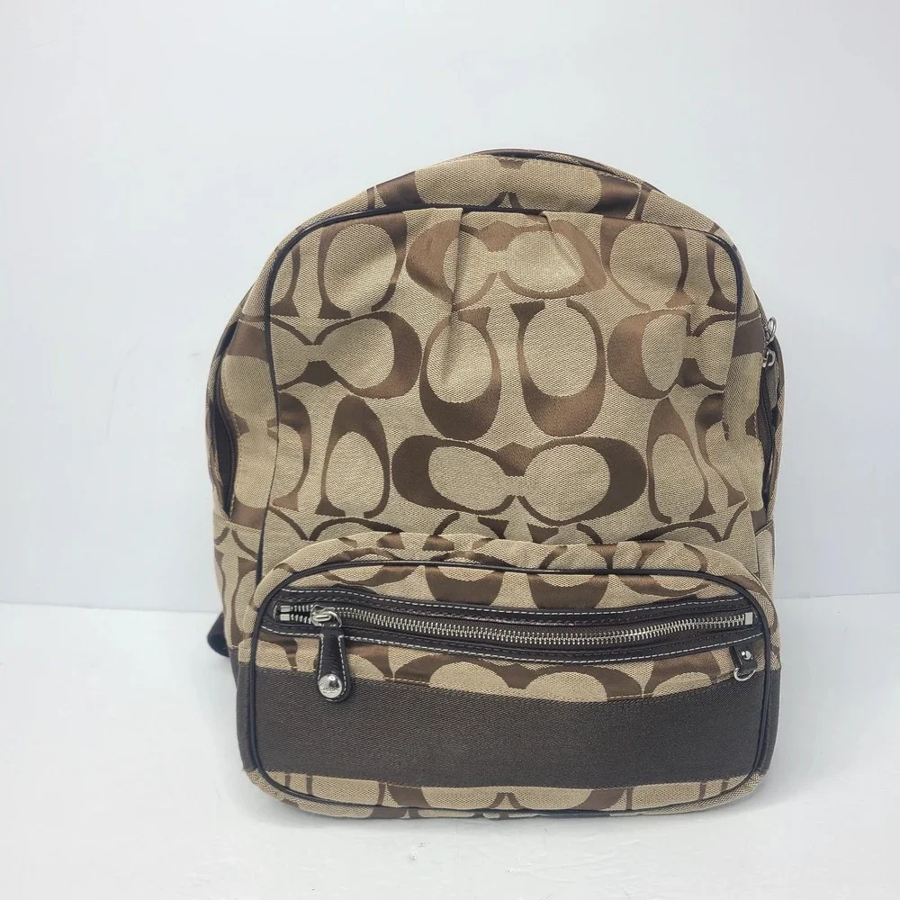 Coach Signature Logo Jaqaurd Fabric Tan And Brown‎ Stripe Backpack