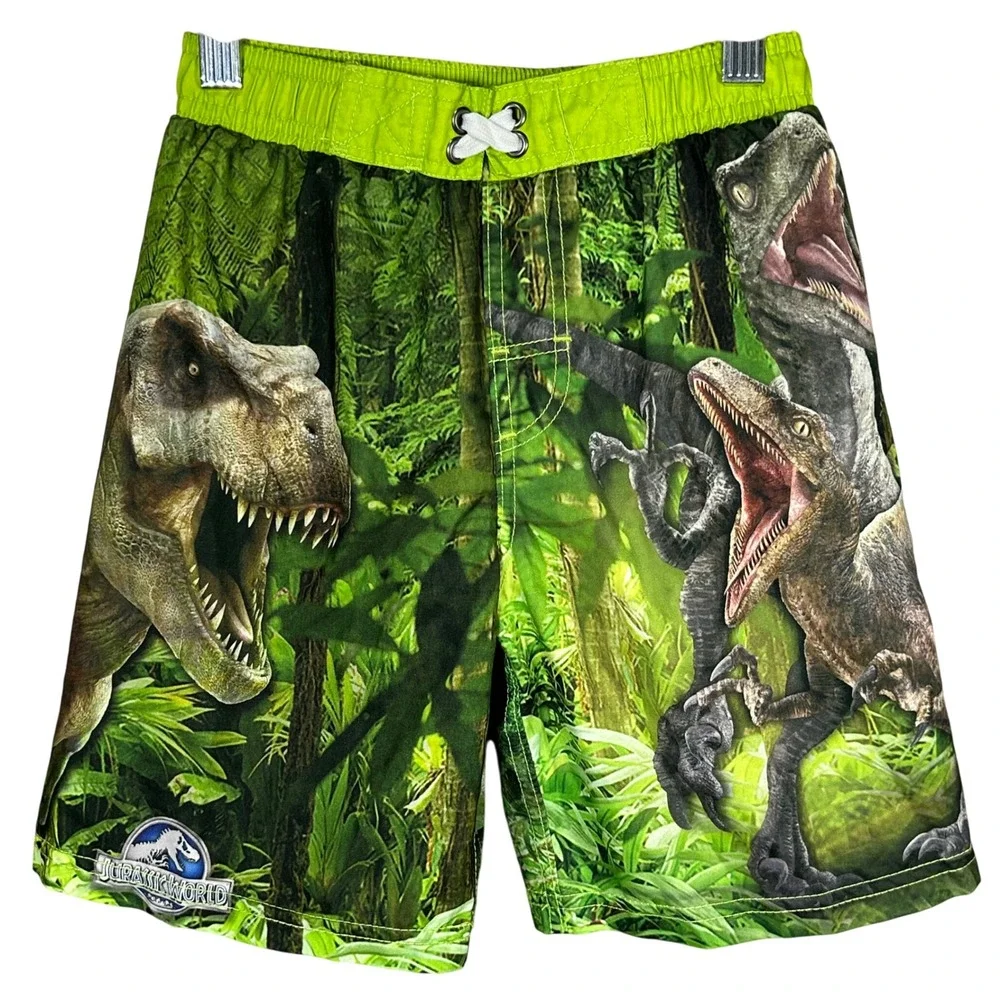 Jurassic World Boys Swim Trunks Green Dinosaur Graphic‎ Swimsuit Size 7