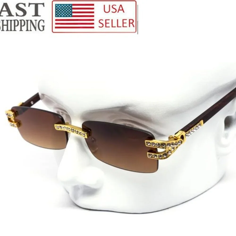 Men Sunglasses Square Brown Lens Fashion Diamond Bling Hip Hop Style Rimless New