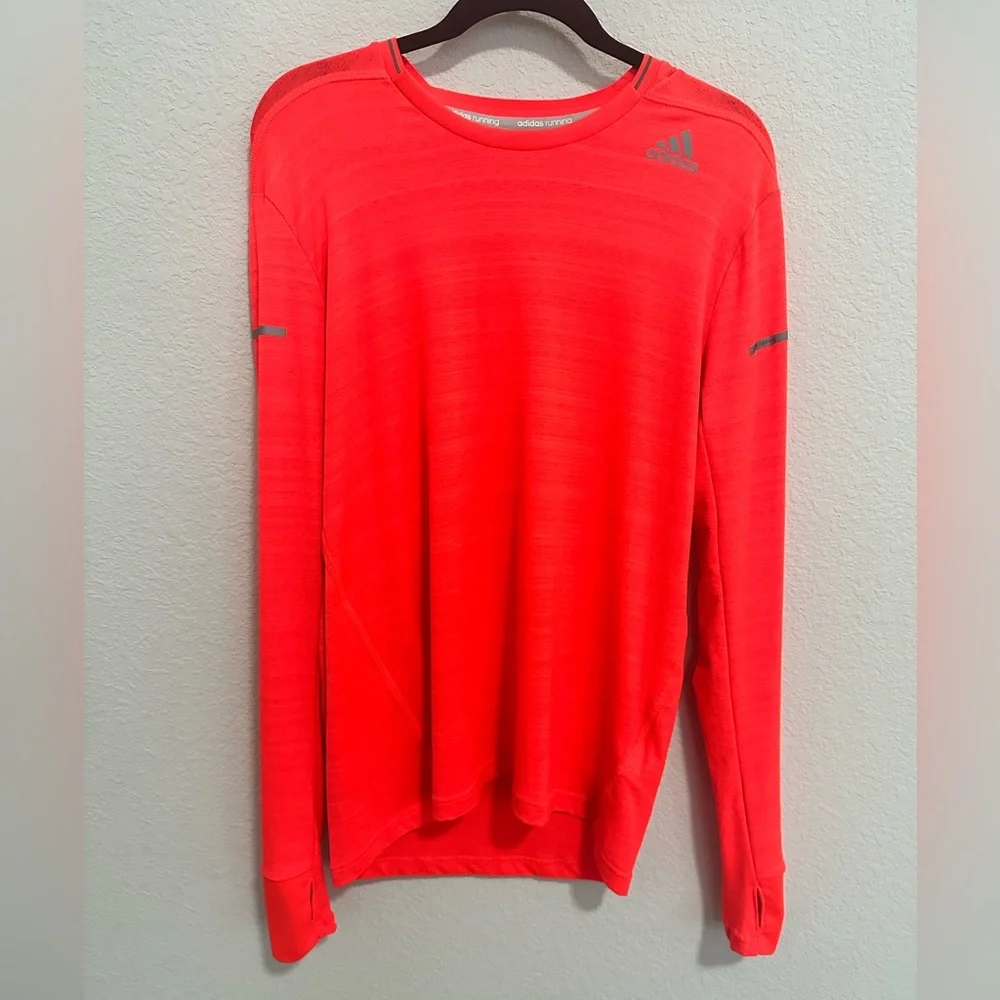 Adidas Neon Orange-Red Running Athletic Long Sleeve Climalite Shirt Size Small
