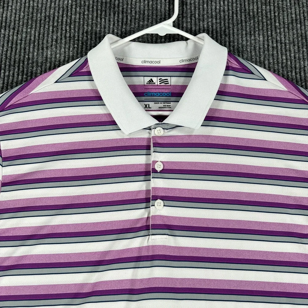 Adidas Polo Shirt Mens XL Extra Large Purple Striped Short Sleeve Golf Casual