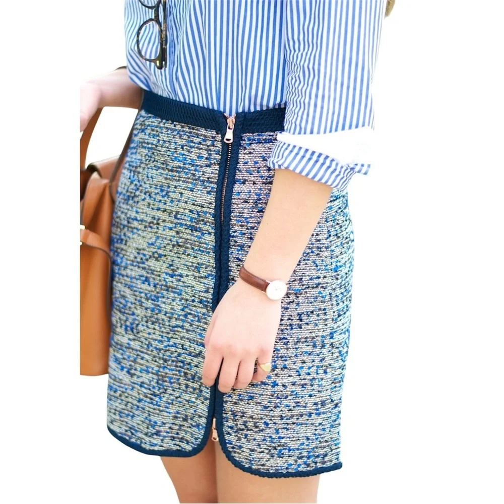 J. CREW Navy Tweed Skirt w Gold Zipper Front Slit