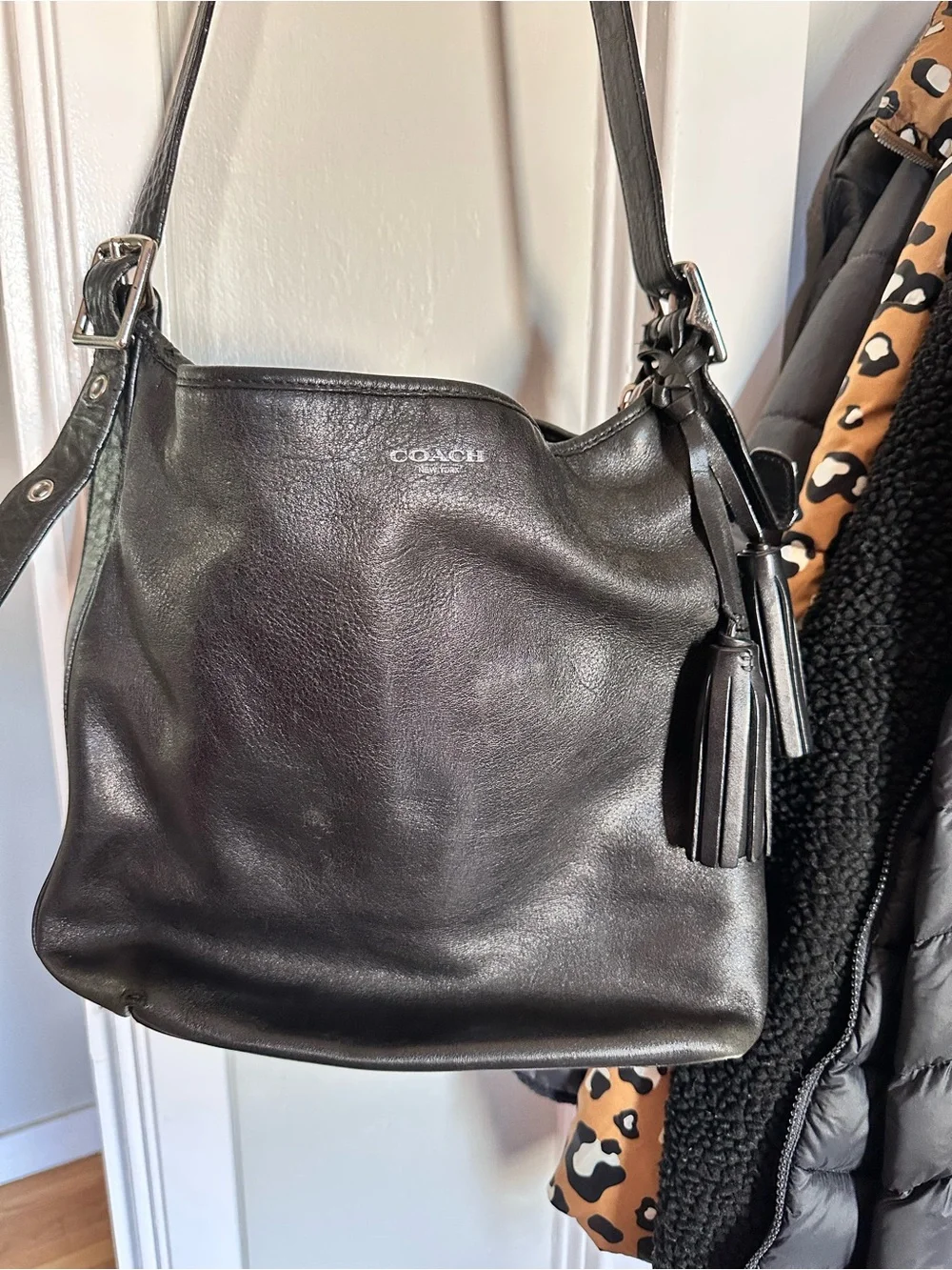 Coach Black Leather Shoulder Bag with Tassels