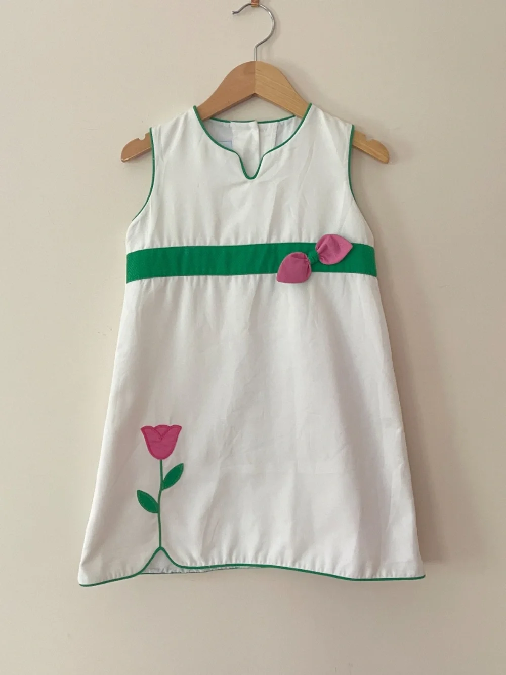 Little English White Dress with Green Trim and Pink Appliqué