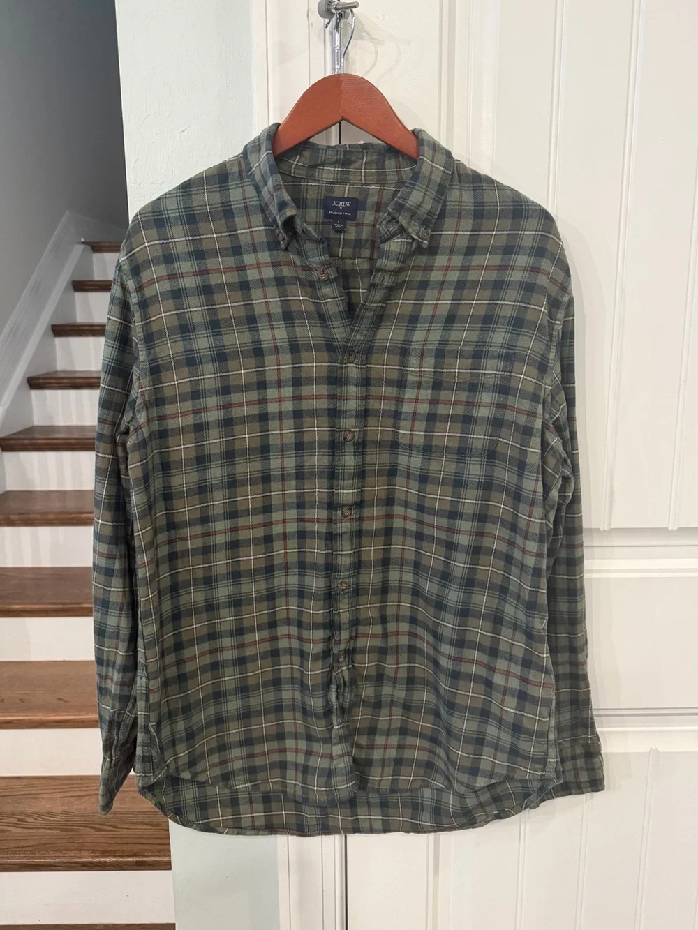 J.Crew Men’s Large Brushed Twill Flannel Shirt Green Plaid Button Down