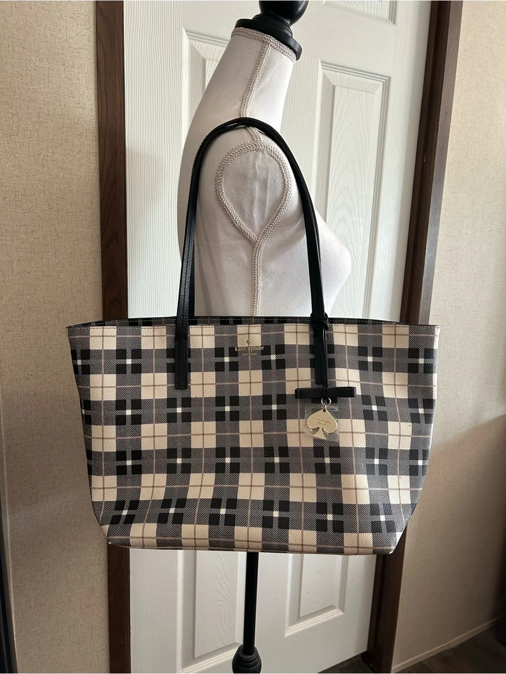 Kate Spade Black and Cream Plaid Tote with Heart Charm
