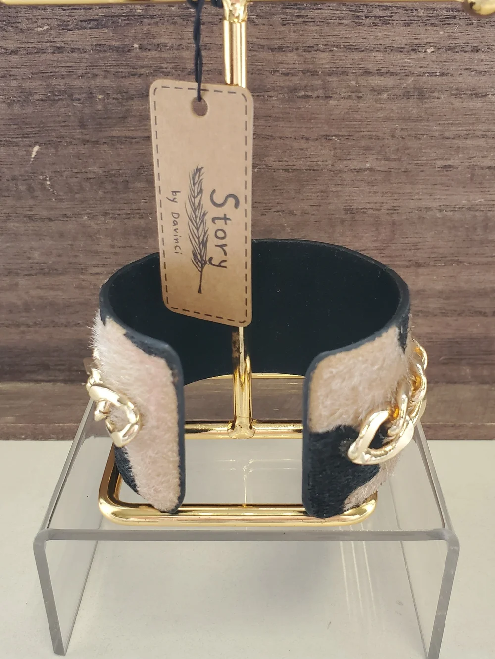 Black & Cream Animal Print Cuff Bracelet with Gold Bee Accent