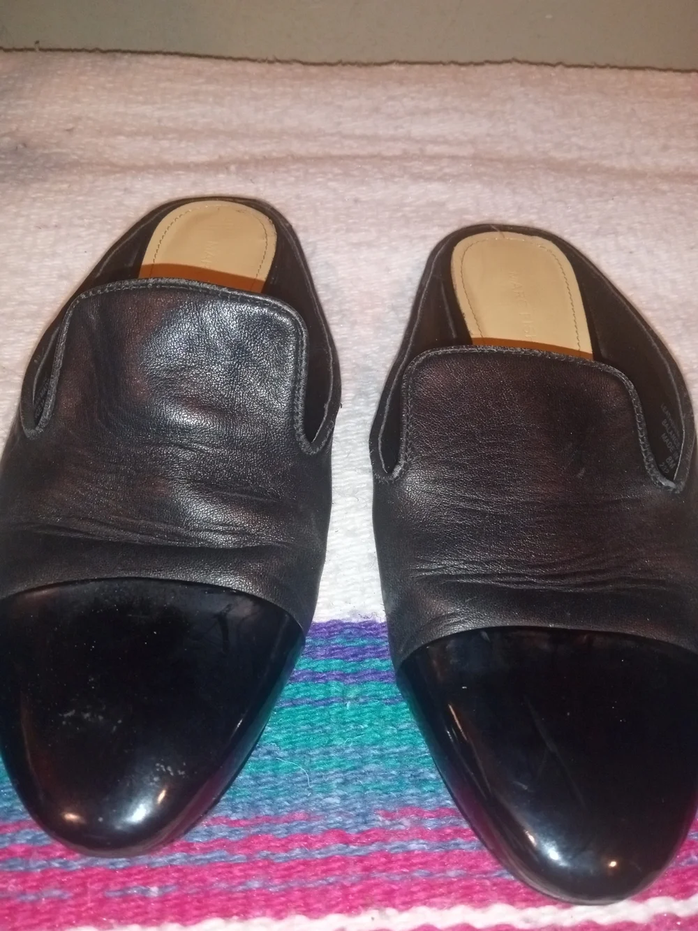 Marc Fisher Black Leather Slip-On Loafers with Gloss Toe