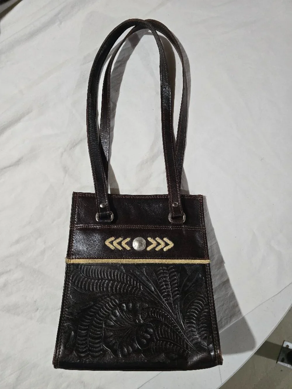 American West Brown Tooled Leather Shoulder Bag Vintage Buffalo Nickel Accent