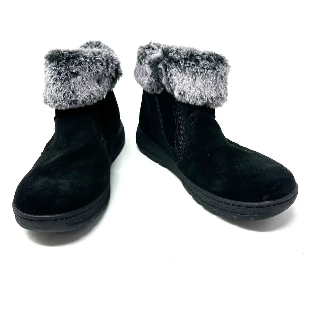 Khombu‎ Size 7 Boots Black Leather Slip On Faux Fur Side Zip Winter Snow Warm