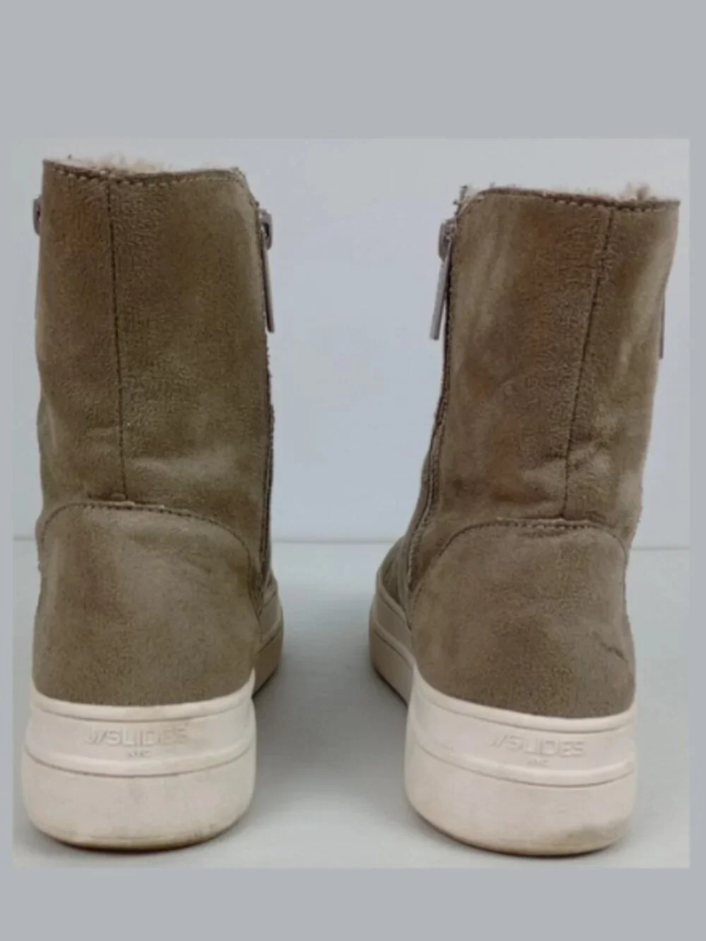 J/Slides NYC Tristan Women 7 Taupe Double Side Zip Faux Fur Platform Suede Boots