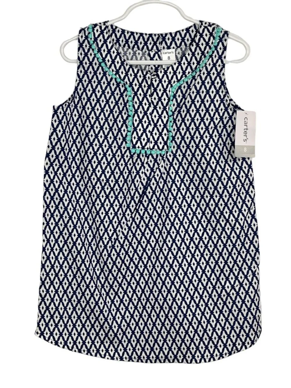 Carters Girls Dress Size 8 Blue White Print Sleeveless Cotton Summer NWT