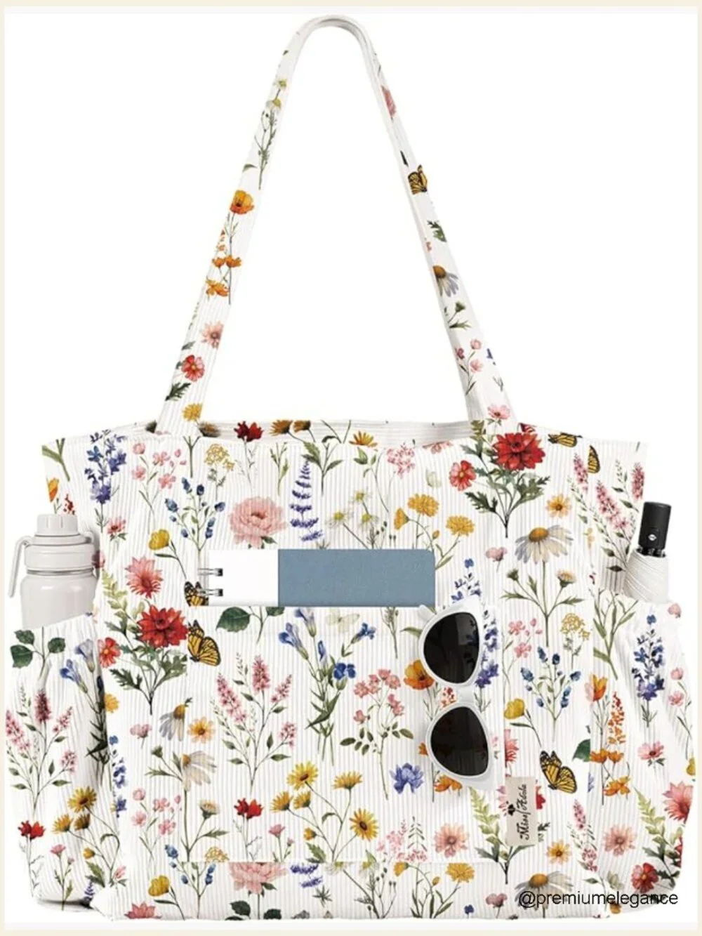 Large Corduroy Tote Bag with Zipper Multi-Pocket Shoulder Bag for School Work