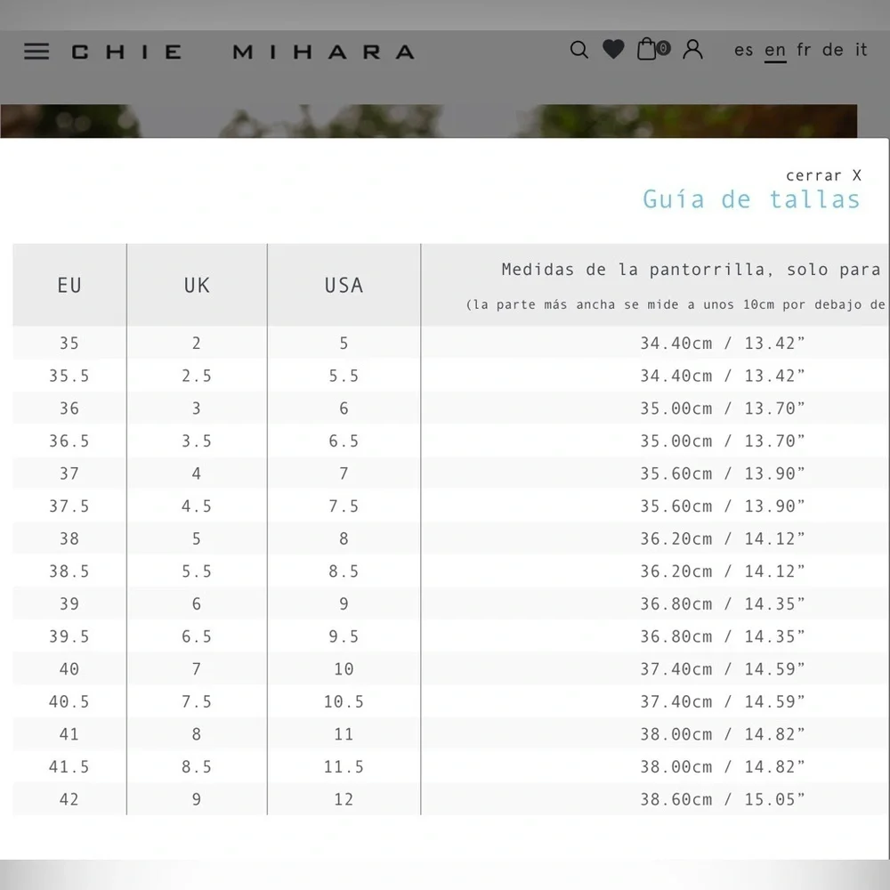 Chie Mihara size chart