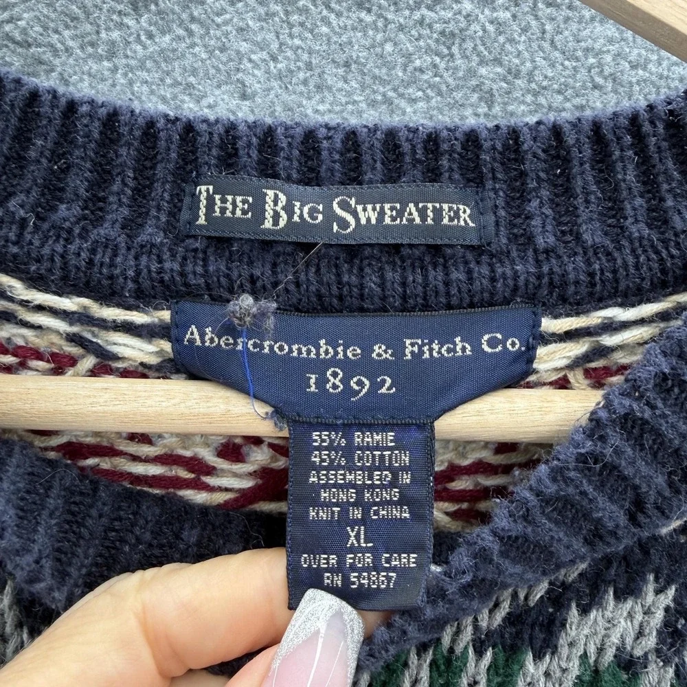 VTG 90s Abercrombie Fitch The Big Sweater Mens XL Blue Fair Isle Oversized