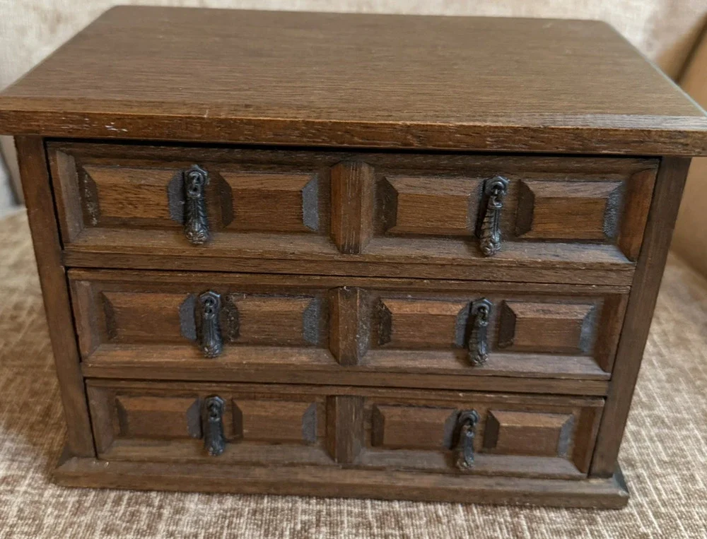Wooden MUSICAL Jewelry Box MELE Japan Jewel Case 3 Velvet Lined Drawers Vintage