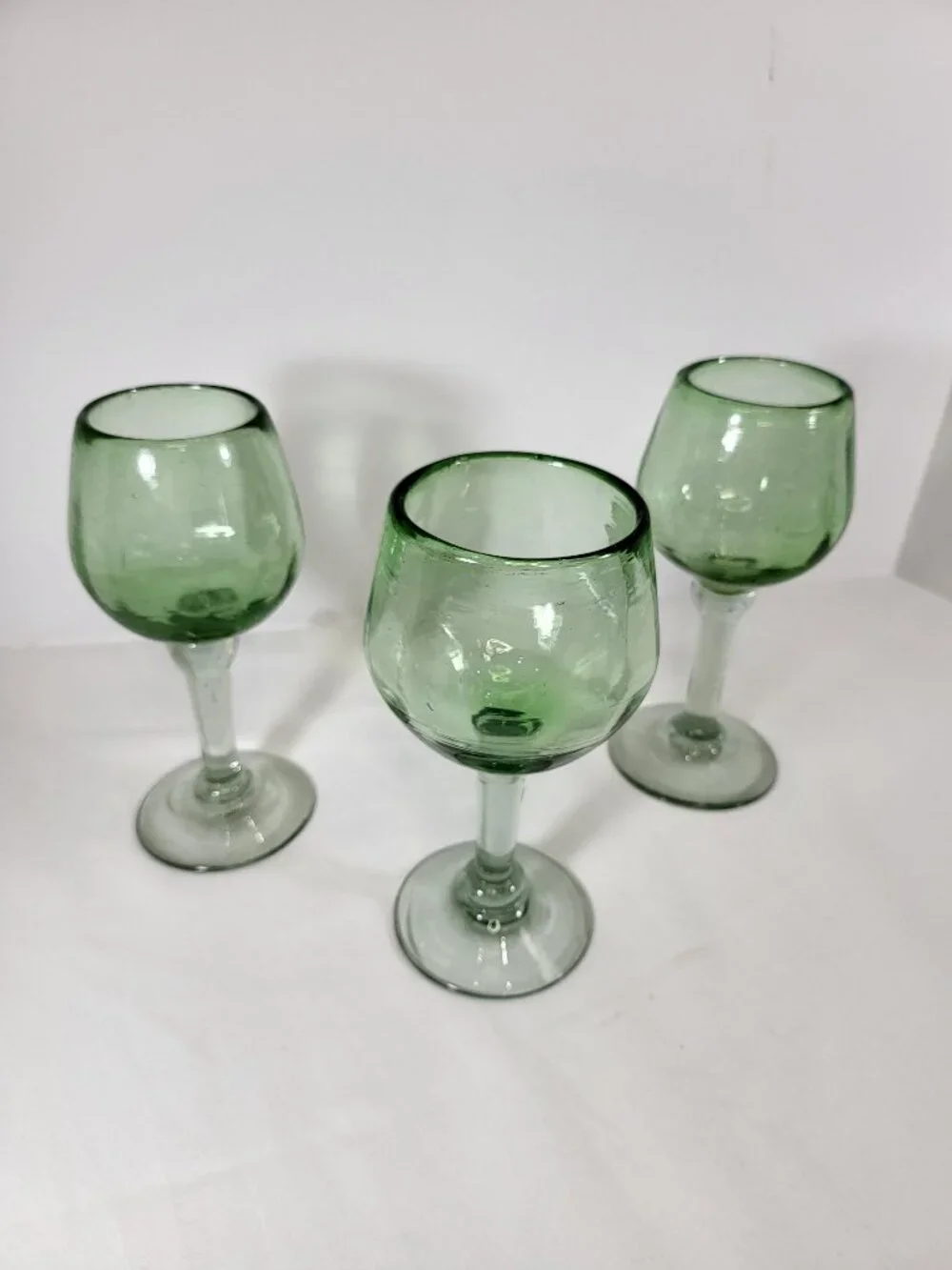 Vintage Hand‎ Blown Green Glass Goblets, Set of 3 Bubble Glass Wine Glasses
