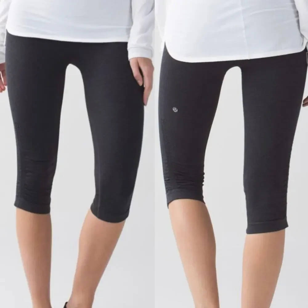 Lululemon In The Flow Crop II Ruched Capri Seamless Leggings Heathered Deep Coal