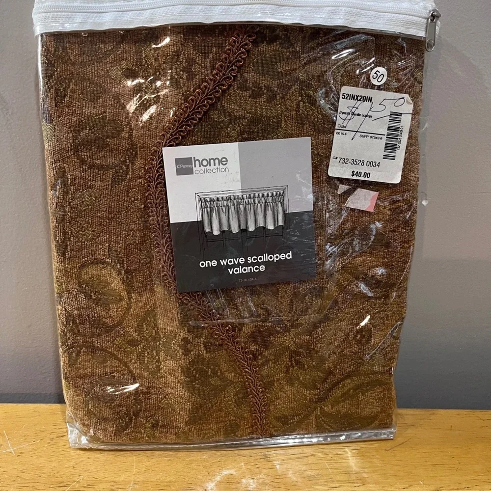 JCPenney Home Dynasty Chenille Scalloped Valance Gold Floral Damask Vtg‎ 52x20