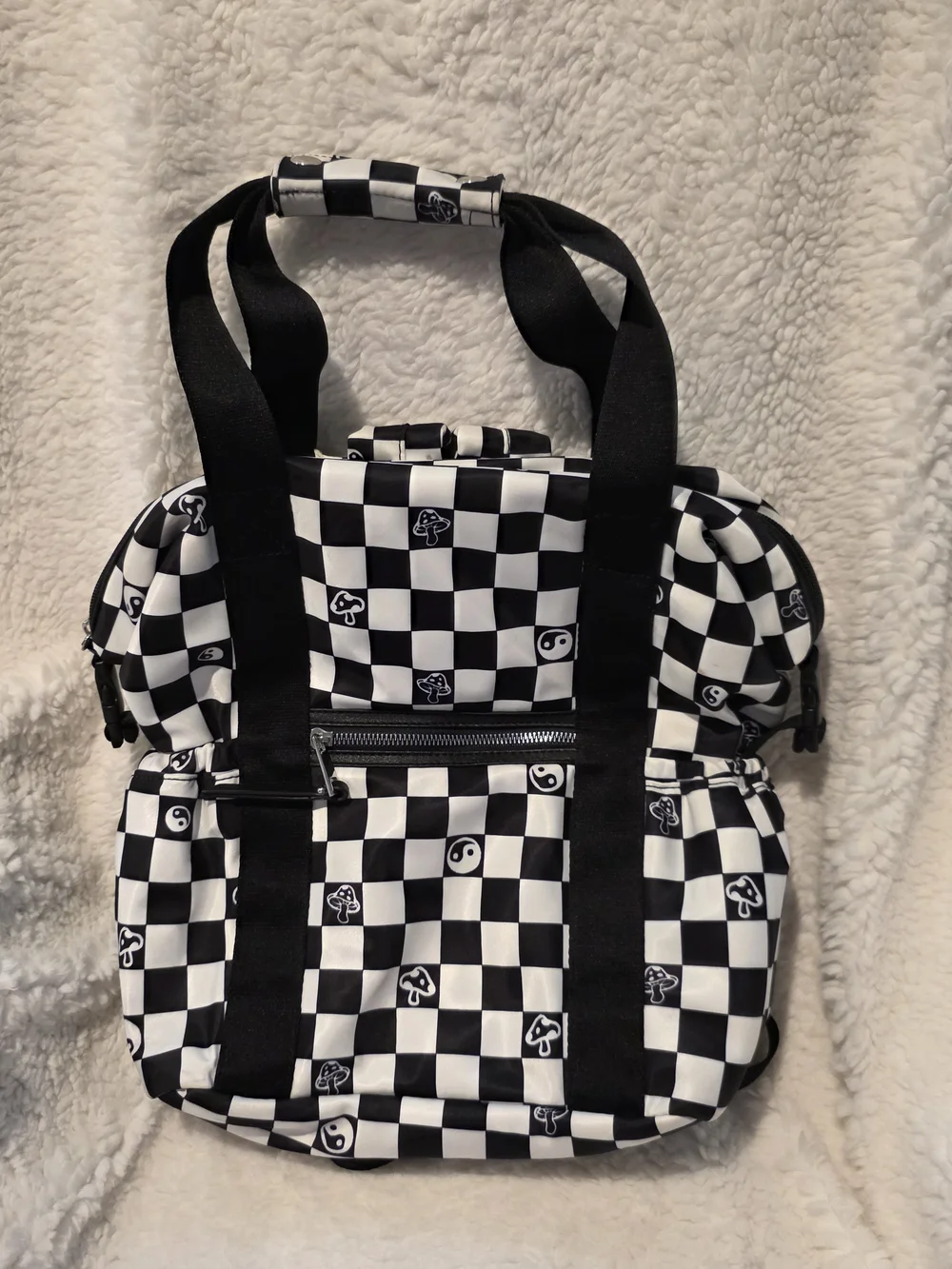 Like Dreams Black & White Checkered Mushroom Yin Yang Backpack