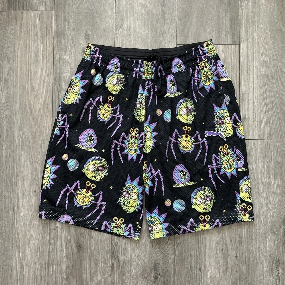 Puma X Rick & Morty Mesh Athletic Shorts Drawstring Mens XL Black Purple Green